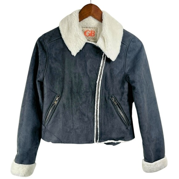 GB Faux Suede Size XS Vegan Fur Full Zip Asymmetrical Grey Moto Peter Pan Jacket - Picture 1 of 7